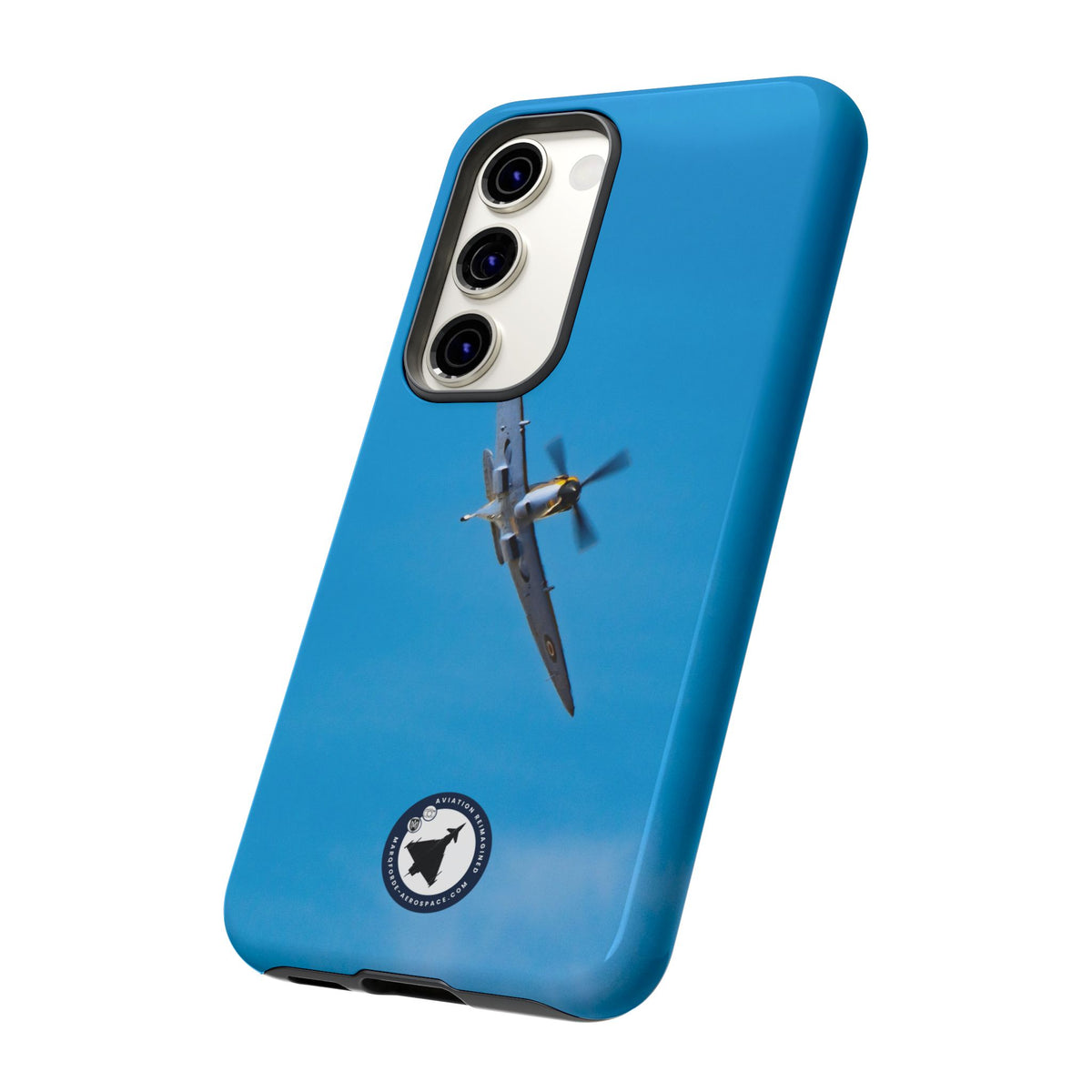 Camouflaged RAF Spitfire banking in a blue sky aviation photo Samsung Galaxy tough phone case – view 25
