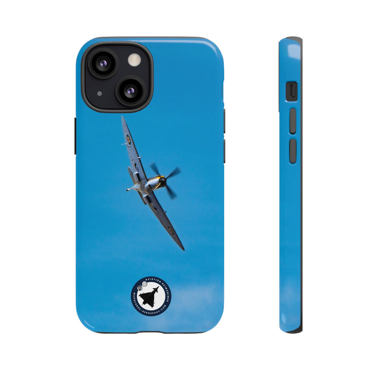 Camouflaged RAF Spitfire banking in a blue sky aviation photo iPhone tough phone case – view 17