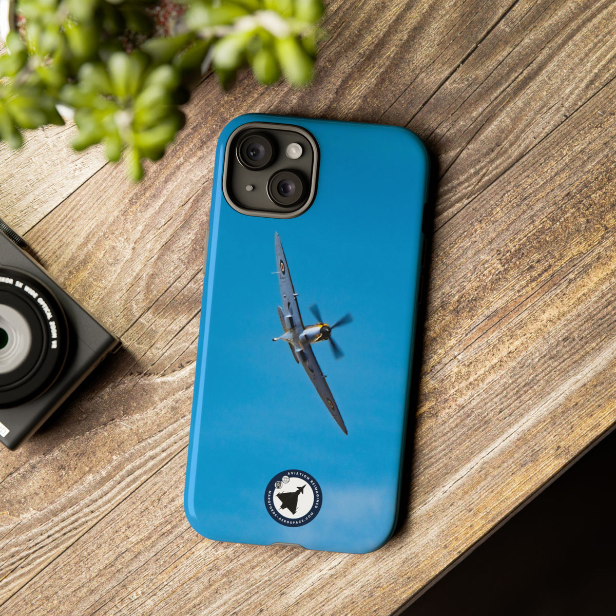 Camouflaged RAF Spitfire banking in a blue sky aviation photo iPhone tough phone case – view 33