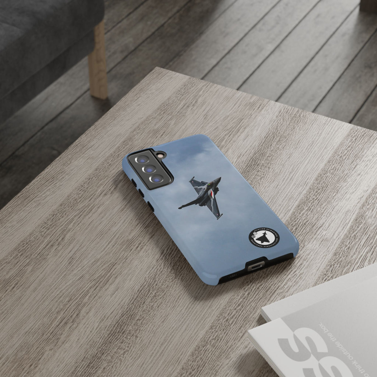 Dark grey striped Rafale banking nose-high in cloud aviation photo Samsung Galaxy tough phone case – view 28