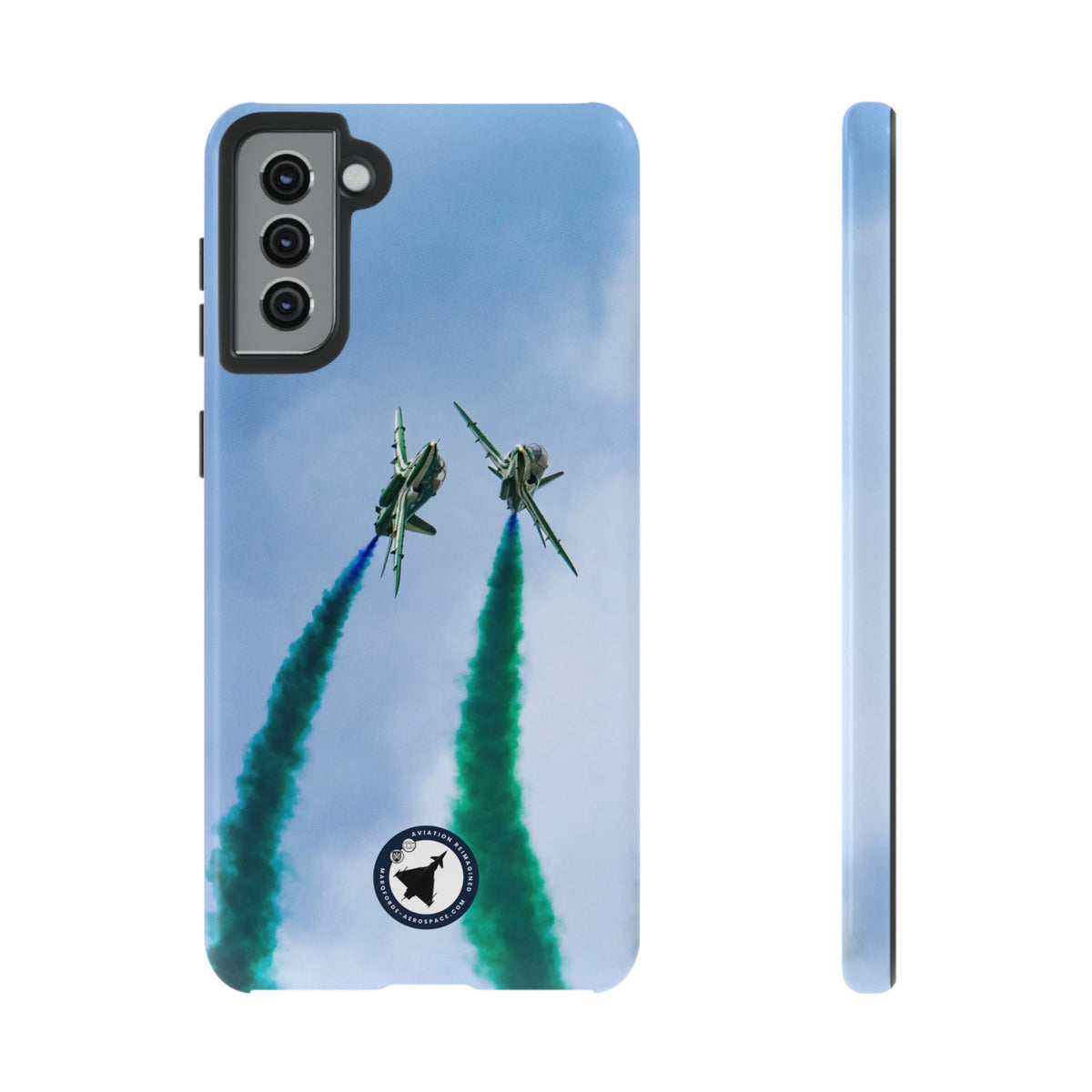 Two Saudi Hawks jets crossing in green smoke aviation photo Samsung Galaxy tough phone case – view 3