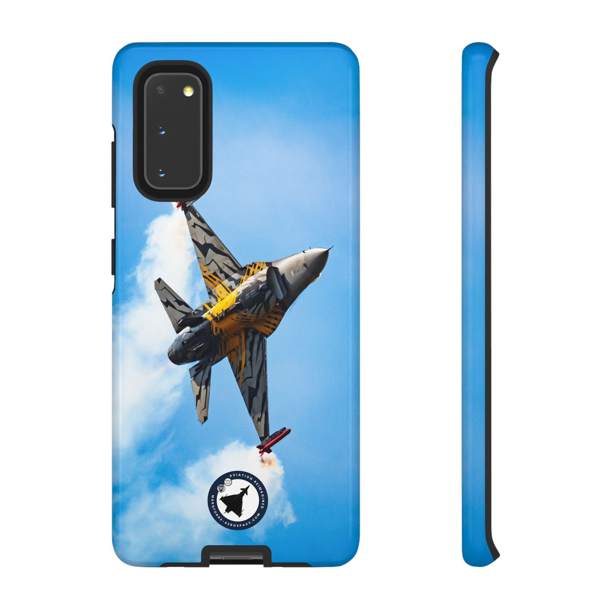 Tiger-striped Belgian F-16 banking hard with smoke aviation photo Samsung Galaxy tough phone case – view 2