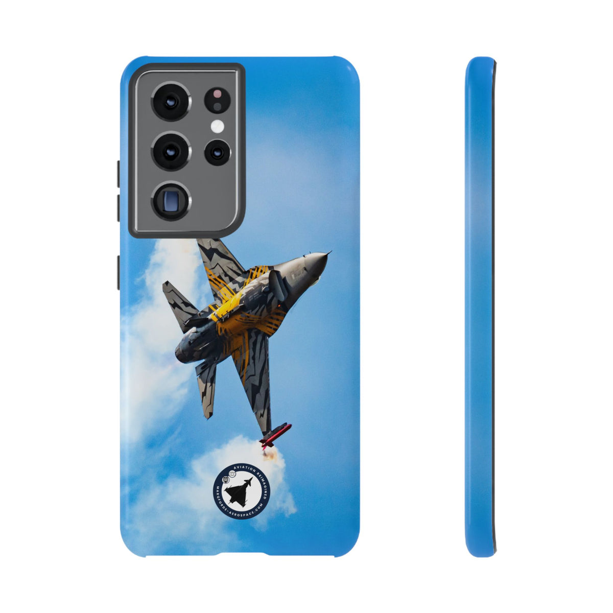 Tiger-striped Belgian F-16 banking hard with smoke aviation photo Samsung Galaxy tough phone case – view 7
