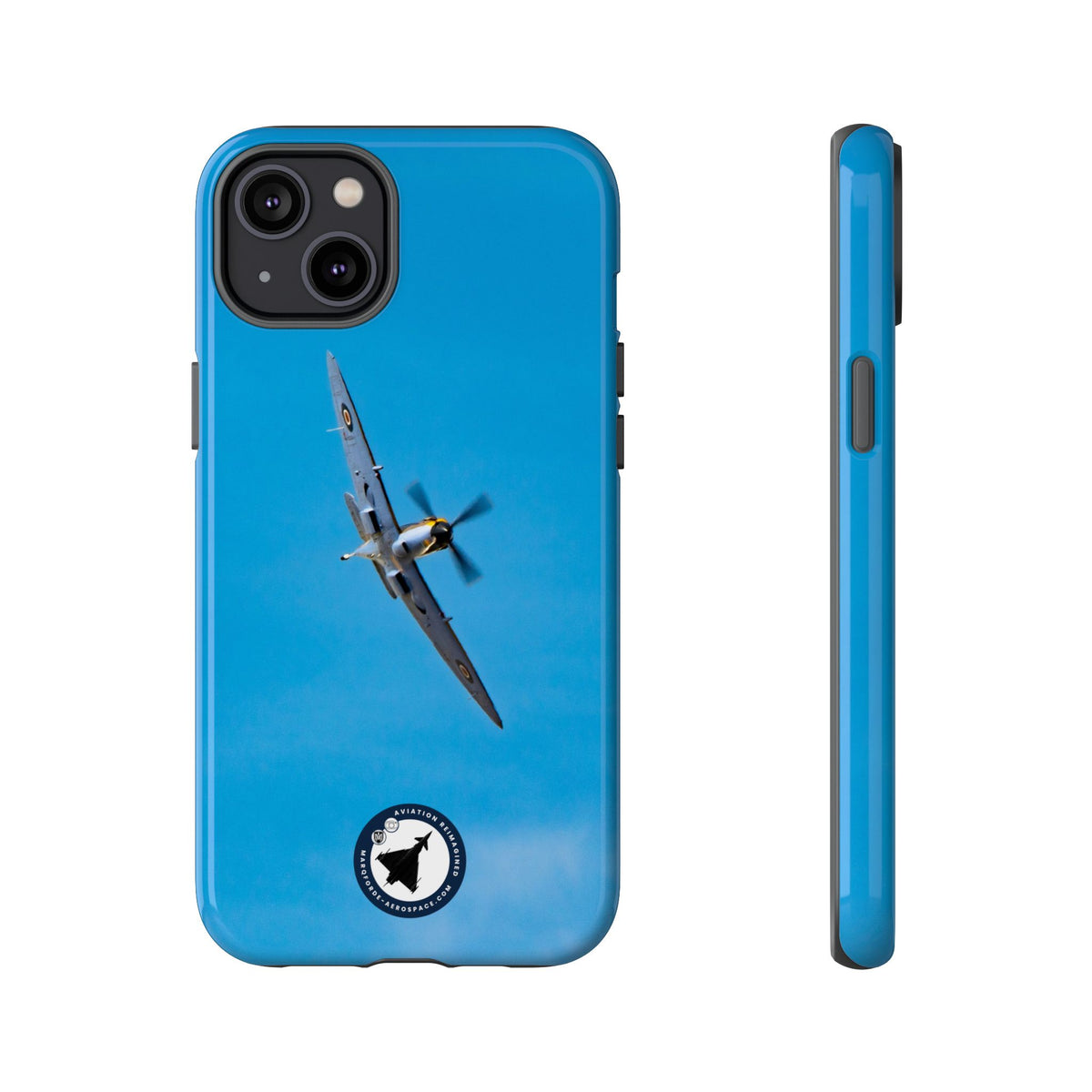 Camouflaged RAF Spitfire banking in a blue sky aviation photo iPhone tough phone case – view 22