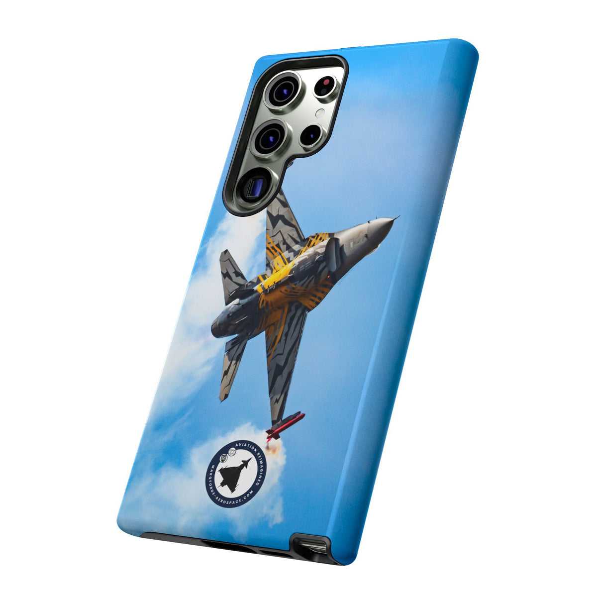 Tiger-striped Belgian F-16 banking hard with smoke aviation photo Samsung Galaxy tough phone case – view 38