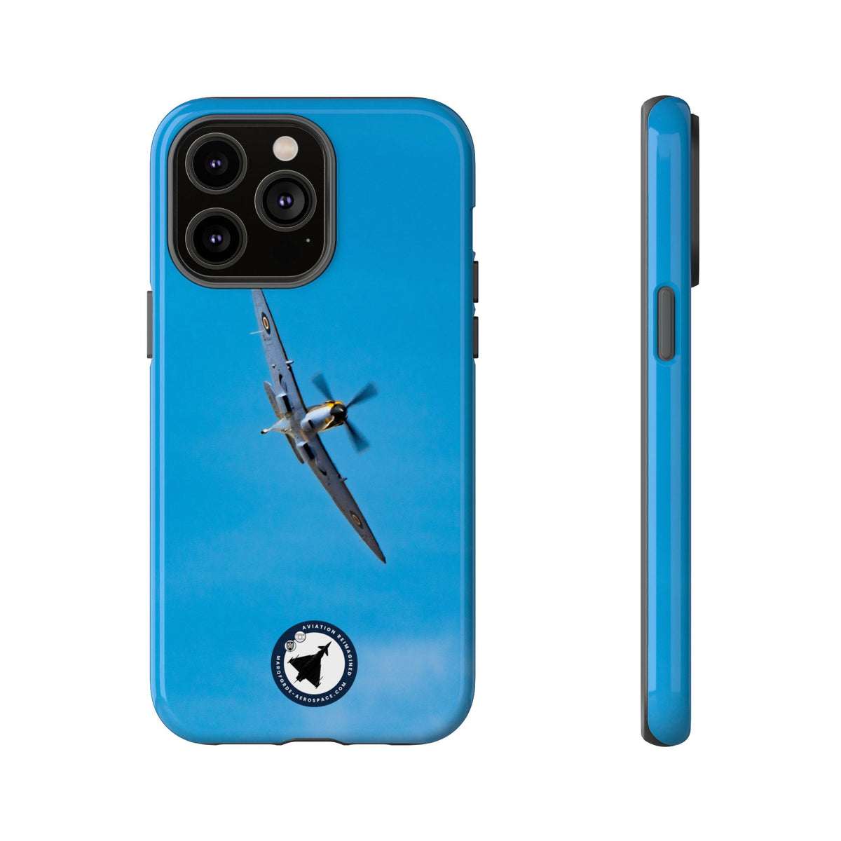 Camouflaged RAF Spitfire banking in a blue sky aviation photo iPhone tough phone case – view 23
