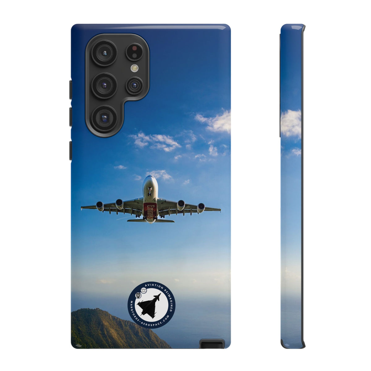 Emirates Airbus A380 climbing head-on over coastline aviation photo Samsung Galaxy tough phone case – view 12