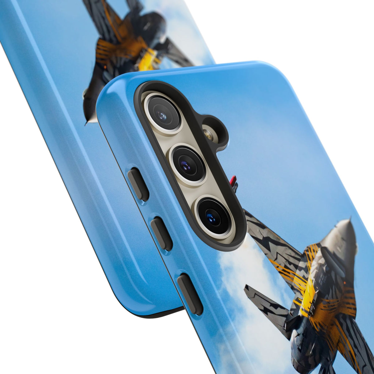 Tiger-striped Belgian F-16 banking hard with smoke aviation photo Samsung Galaxy tough phone case – view 41