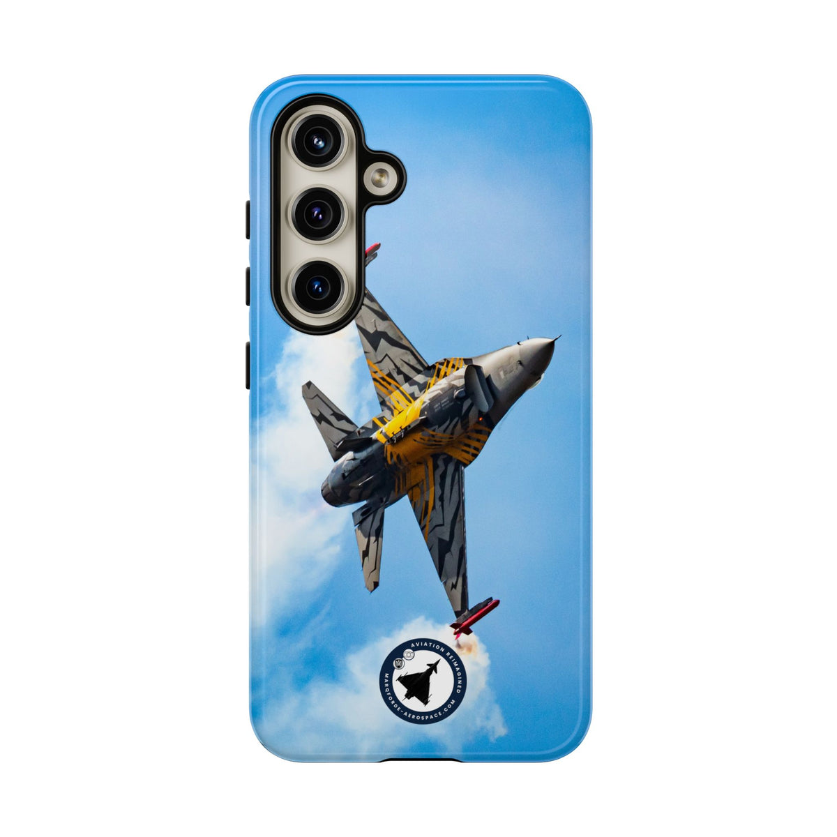 Tiger-striped Belgian F-16 banking hard with smoke aviation photo Samsung Galaxy tough phone case – view 16