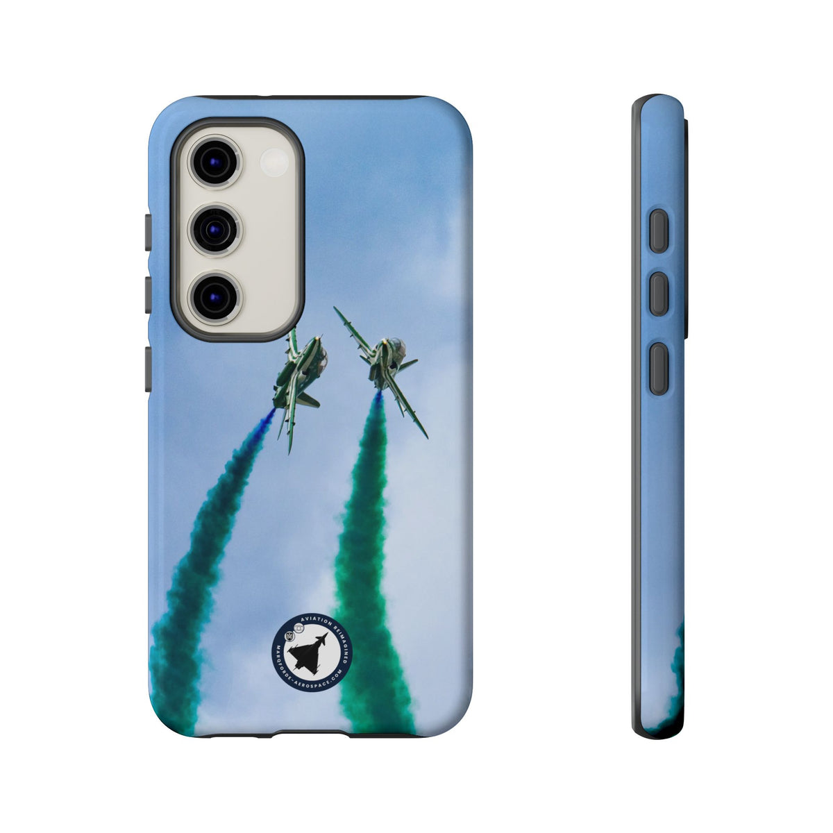 Two Saudi Hawks jets crossing in green smoke aviation photo Samsung Galaxy tough phone case – view 9