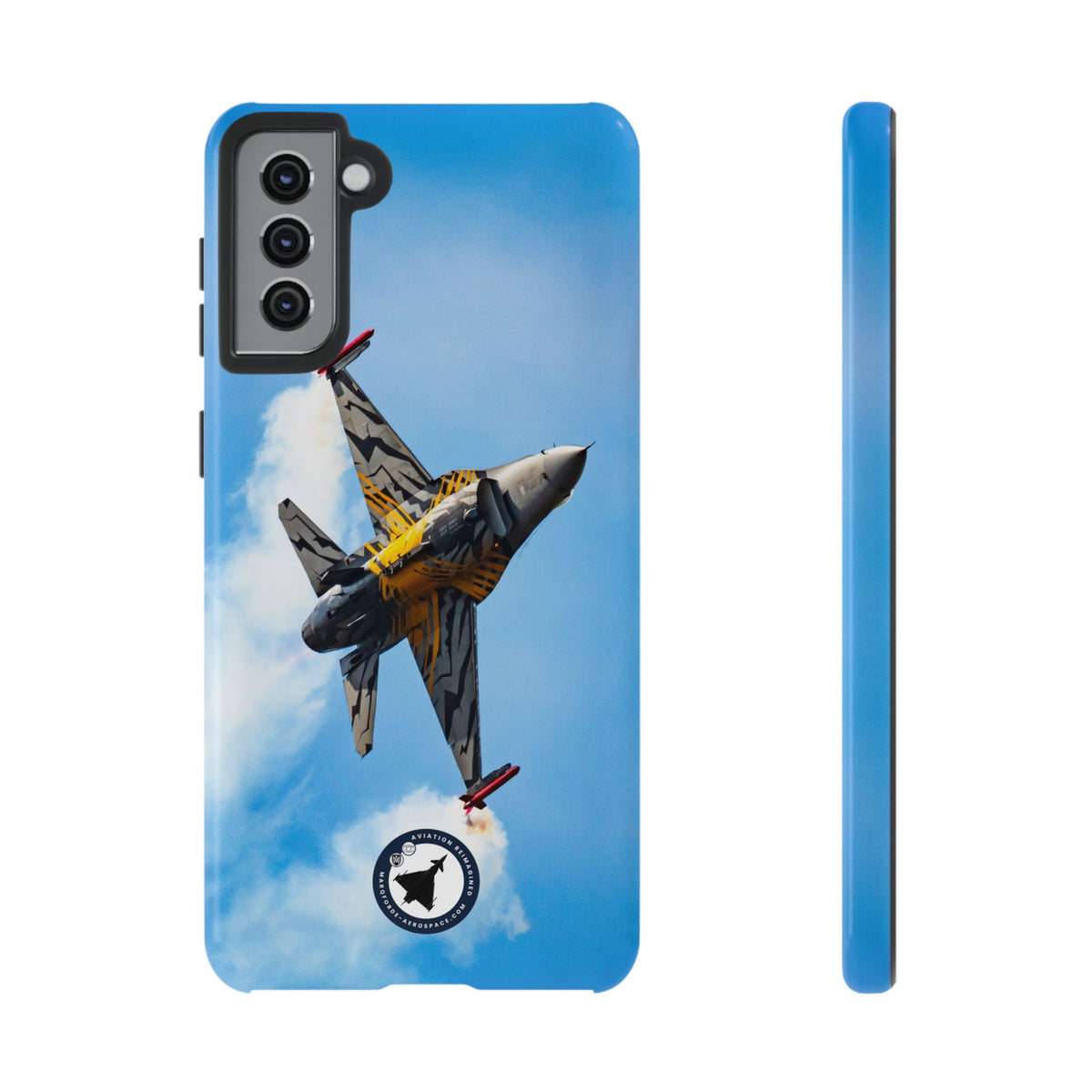 Tiger-striped Belgian F-16 banking hard with smoke aviation photo Samsung Galaxy tough phone case – view 6