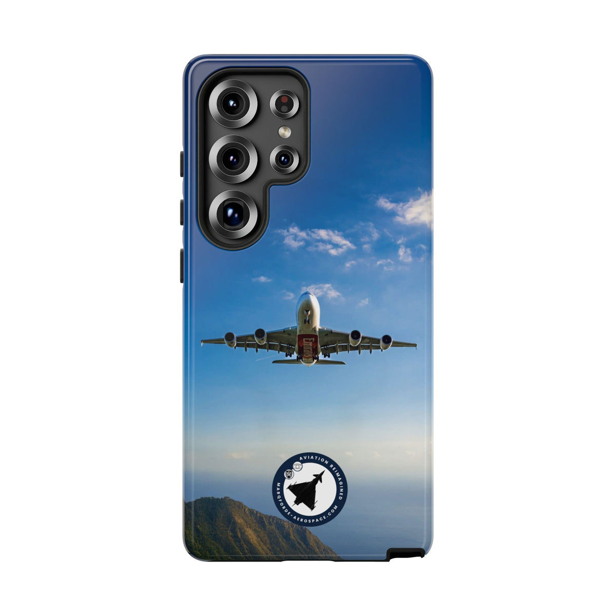 Emirates Airbus A380 climbing head-on over coastline aviation photo Samsung Galaxy tough phone case – view 2