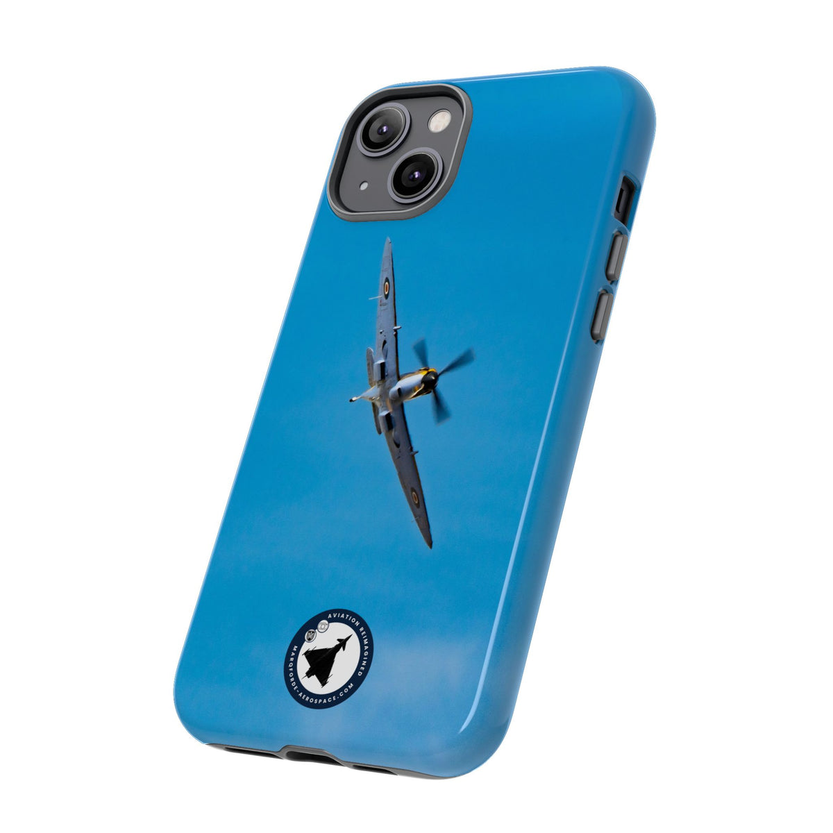 Camouflaged RAF Spitfire banking in a blue sky aviation photo iPhone tough phone case – view 44