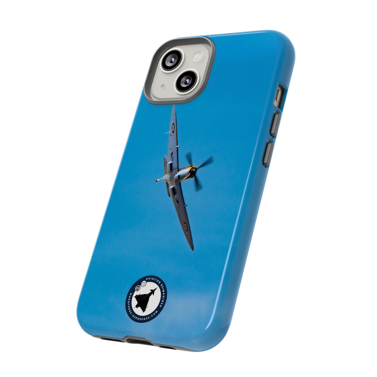 Camouflaged RAF Spitfire banking in a blue sky aviation photo iPhone tough phone case – view 38