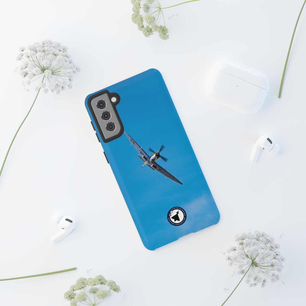 Camouflaged RAF Spitfire banking in a blue sky aviation photo Samsung Galaxy tough phone case – view 20