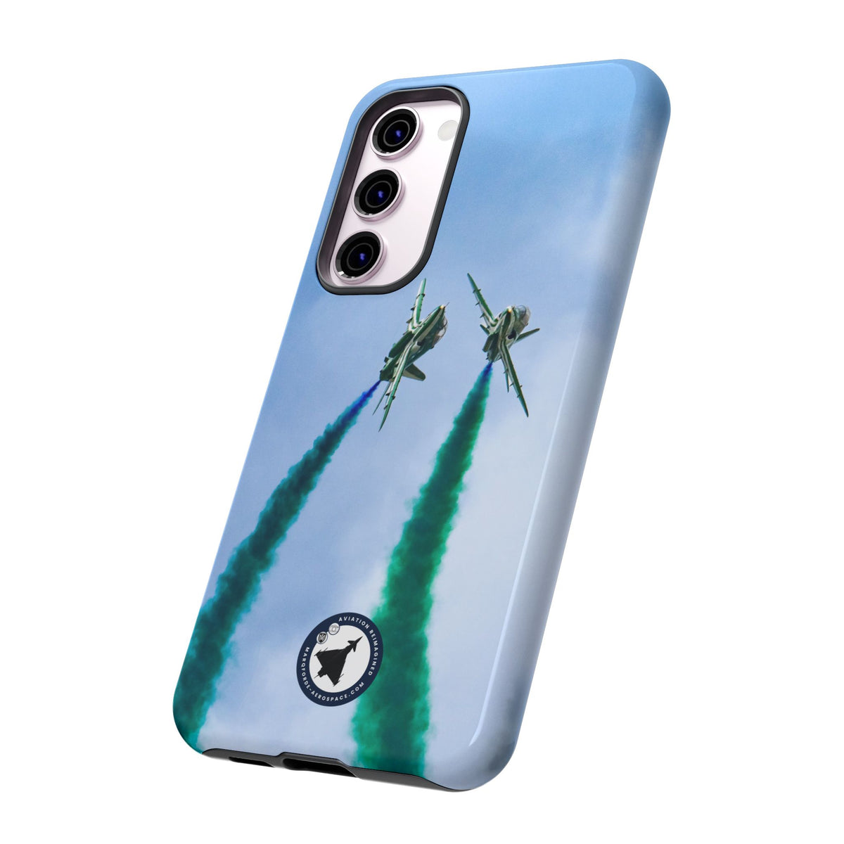 Two Saudi Hawks jets crossing in green smoke aviation photo Samsung Galaxy tough phone case – view 30