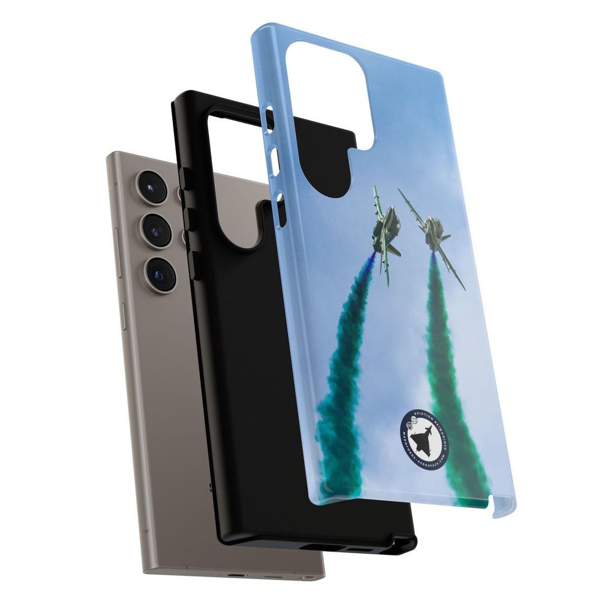 Two Saudi Hawks jets crossing in green smoke aviation photo Samsung Galaxy tough phone case – view 44