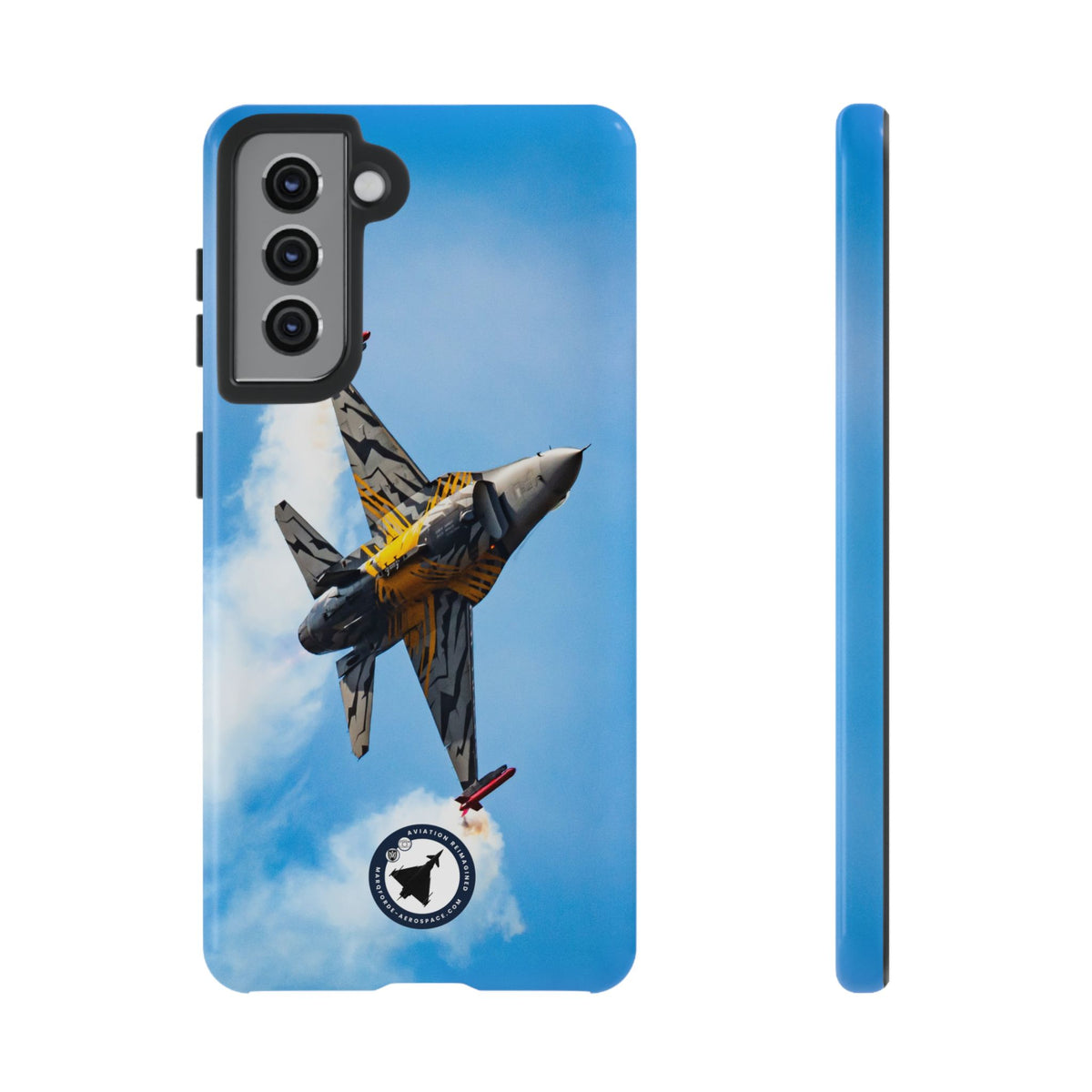 Tiger-striped Belgian F-16 banking hard with smoke aviation photo Samsung Galaxy tough phone case – view 5