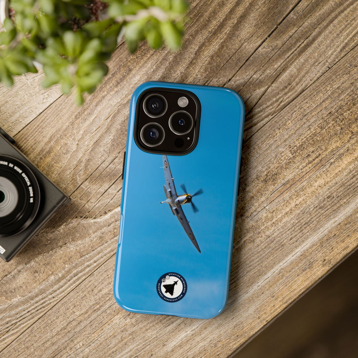 Camouflaged RAF Spitfire banking in a blue sky aviation photo iPhone tough phone case – view 64