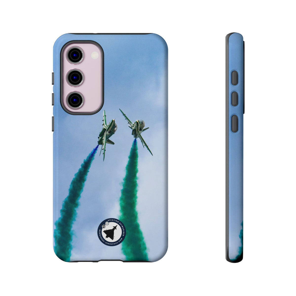 Two Saudi Hawks jets crossing in green smoke aviation photo Samsung Galaxy tough phone case – view 10