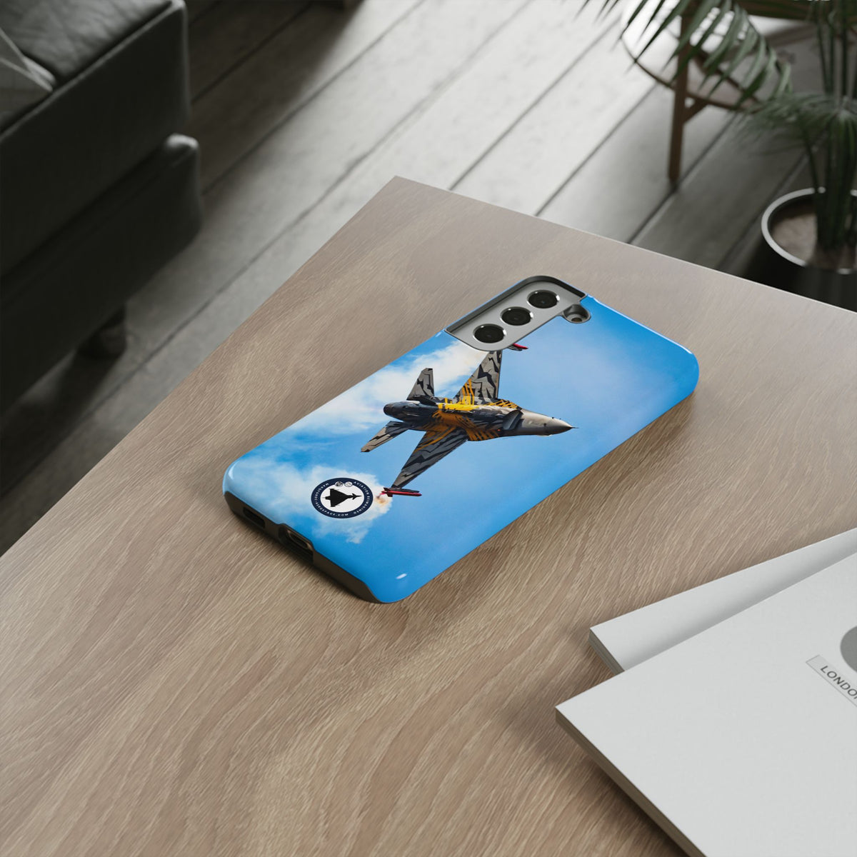 Tiger-striped Belgian F-16 banking hard with smoke aviation photo Samsung Galaxy tough phone case – view 30