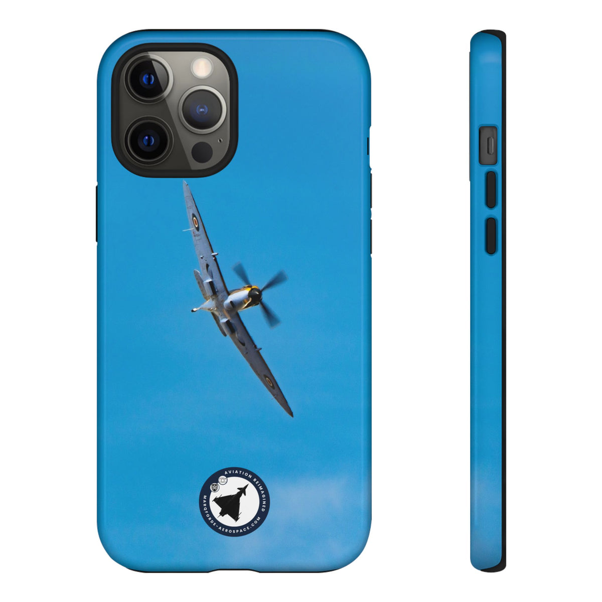 Camouflaged RAF Spitfire banking in a blue sky aviation photo iPhone tough phone case – view 15