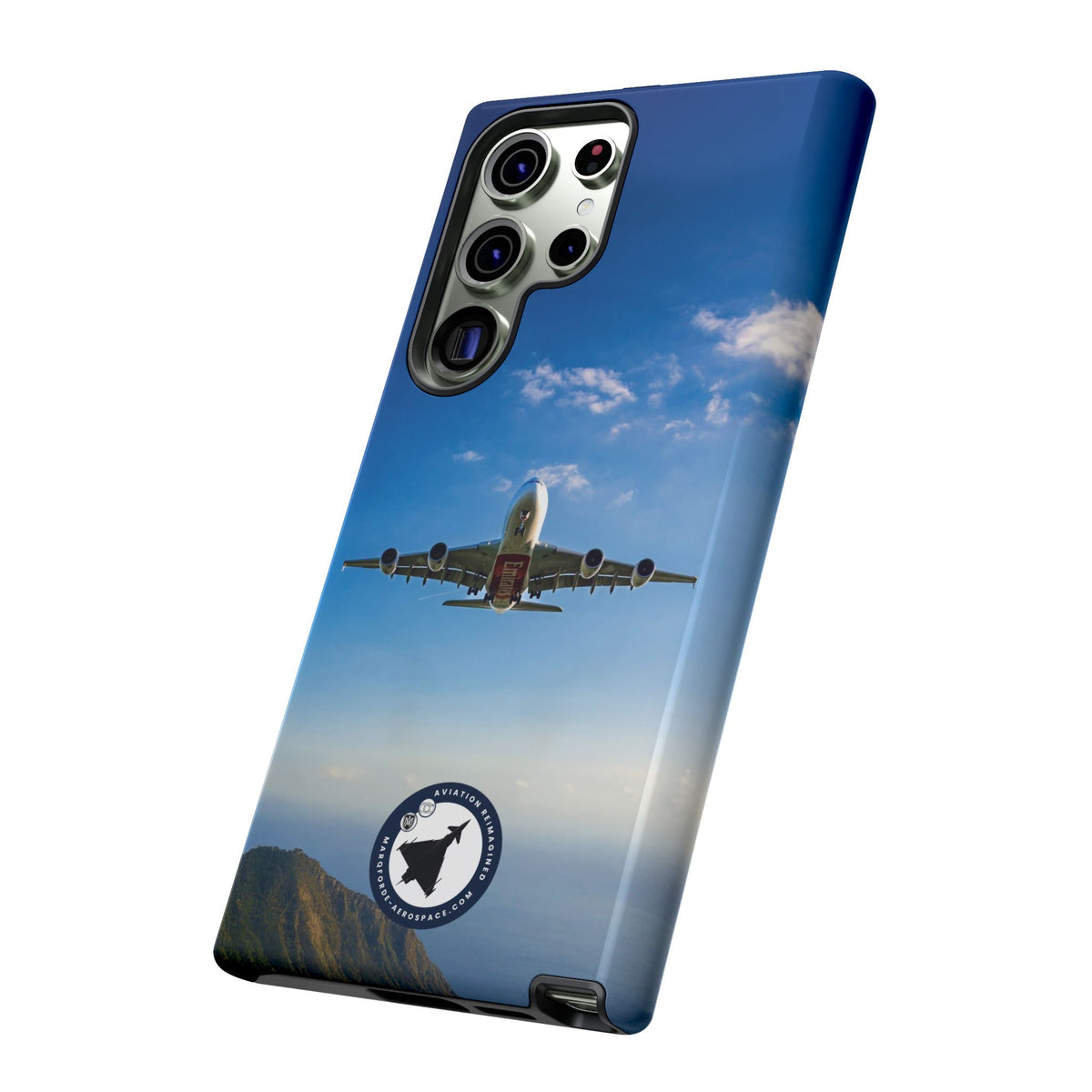 Emirates Airbus A380 climbing head-on over coastline aviation photo Samsung Galaxy tough phone case – view 39