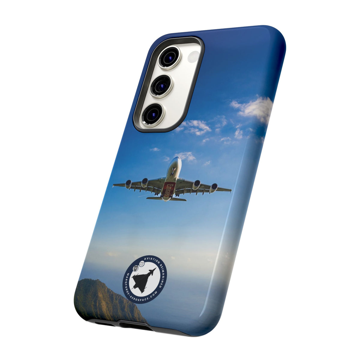 Emirates Airbus A380 climbing head-on over coastline aviation photo Samsung Galaxy tough phone case – view 33