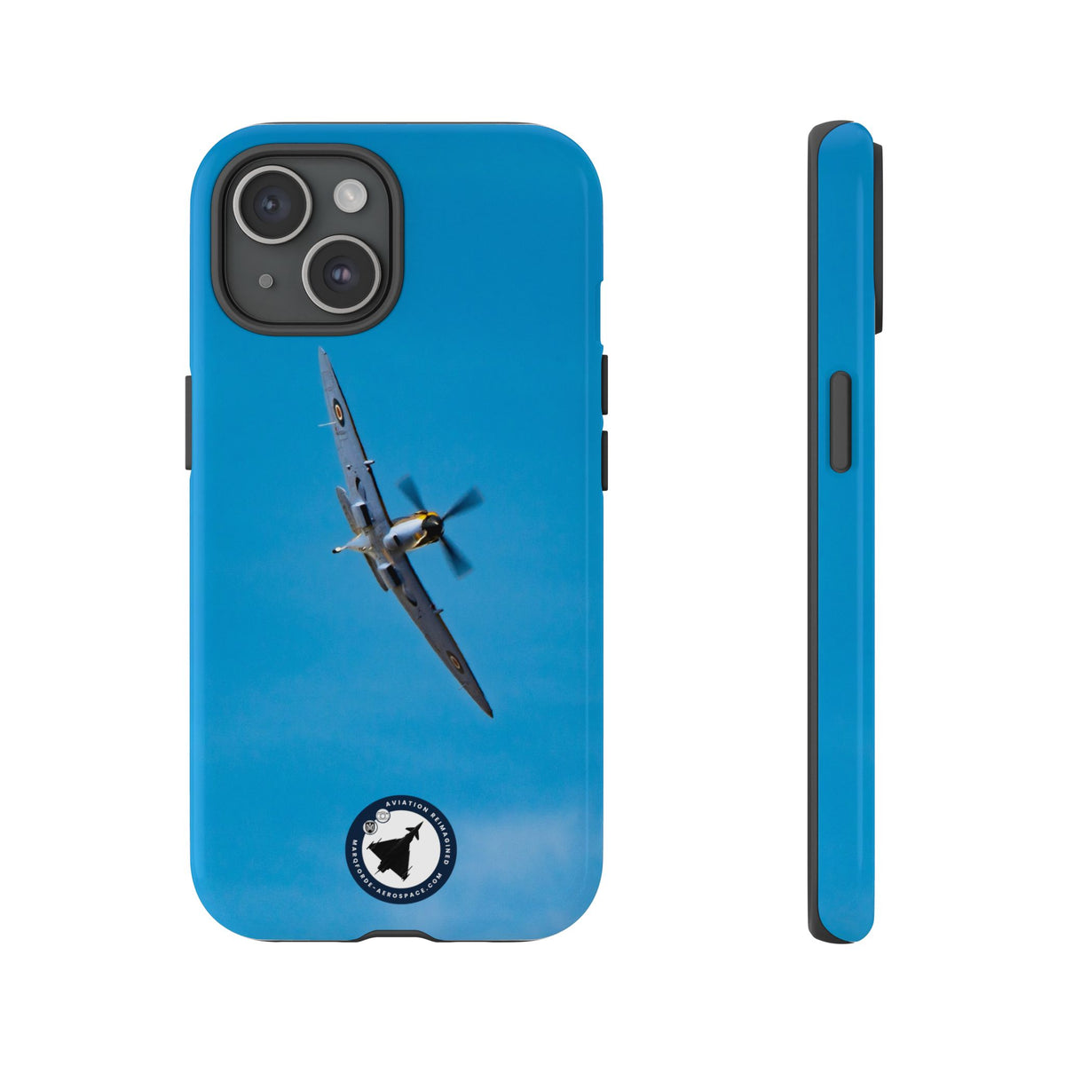 Camouflaged RAF Spitfire banking in a blue sky aviation photo iPhone tough phone case – view 24