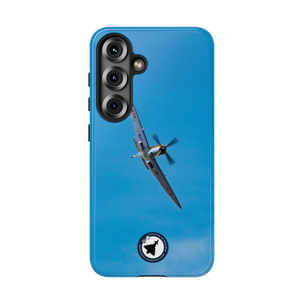Camouflaged RAF Spitfire banking in a blue sky aviation photo Samsung Galaxy tough phone case – view 14