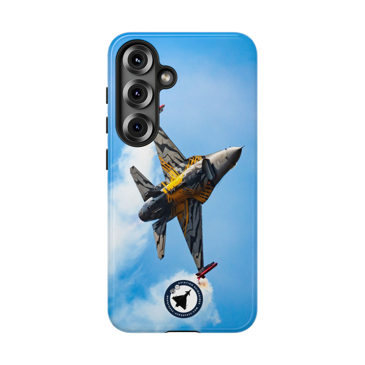 Tiger-striped Belgian F-16 banking hard with smoke aviation photo Samsung Galaxy tough phone case – view 18
