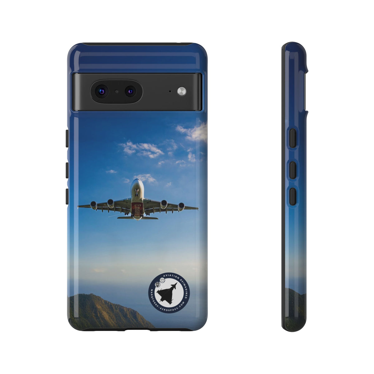 Emirates Airbus A380 climbing head-on over coastline aviation photo Google Pixel tough phone case – view 2