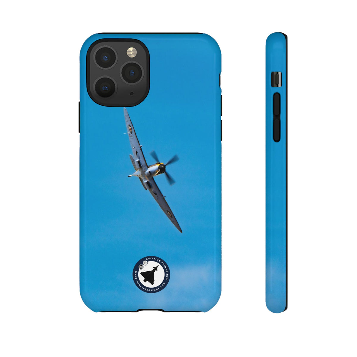 Camouflaged RAF Spitfire banking in a blue sky aviation photo iPhone tough phone case – view 10