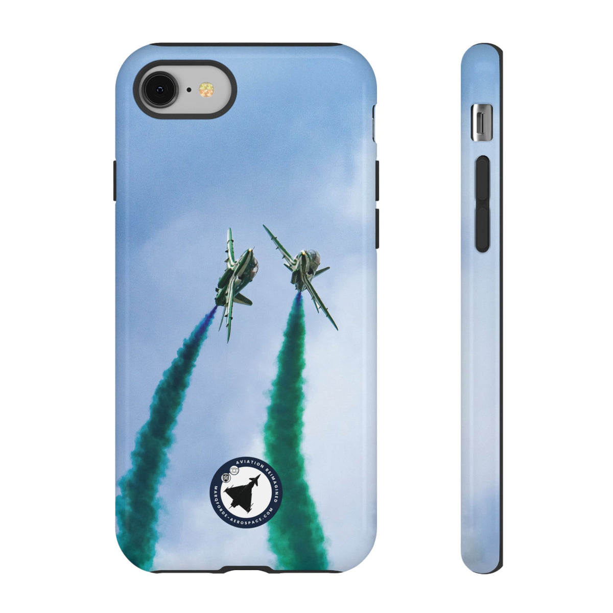 Two Saudi Hawks jets crossing in green smoke aviation photo iPhone tough phone case – view 4