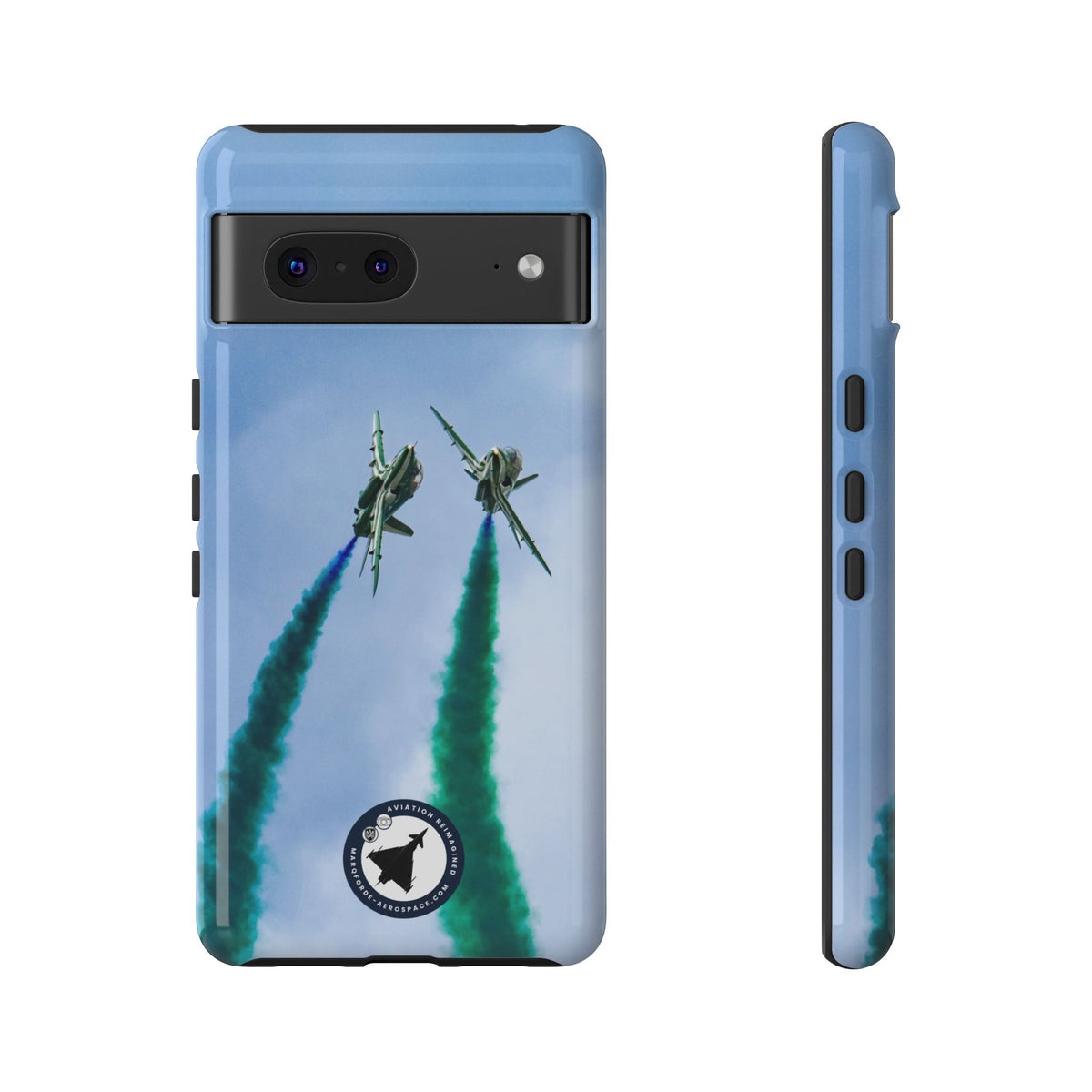 Two Saudi Hawks jets crossing in green smoke aviation photo Google Pixel tough phone case – view 2