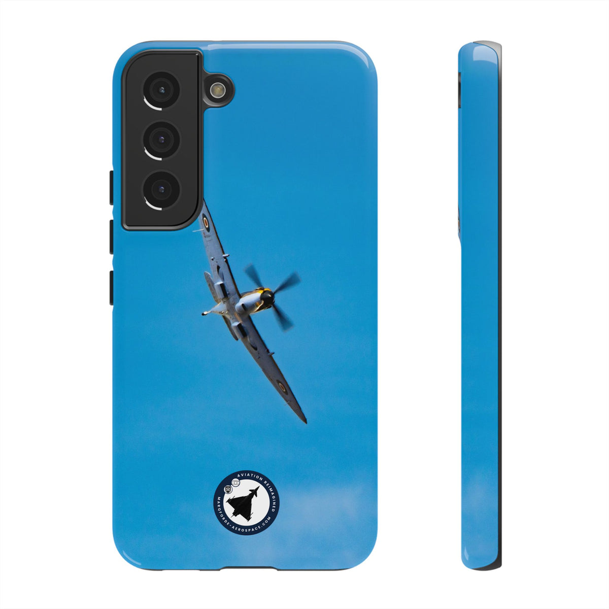 Camouflaged RAF Spitfire banking in a blue sky aviation photo Samsung Galaxy tough phone case – view 5