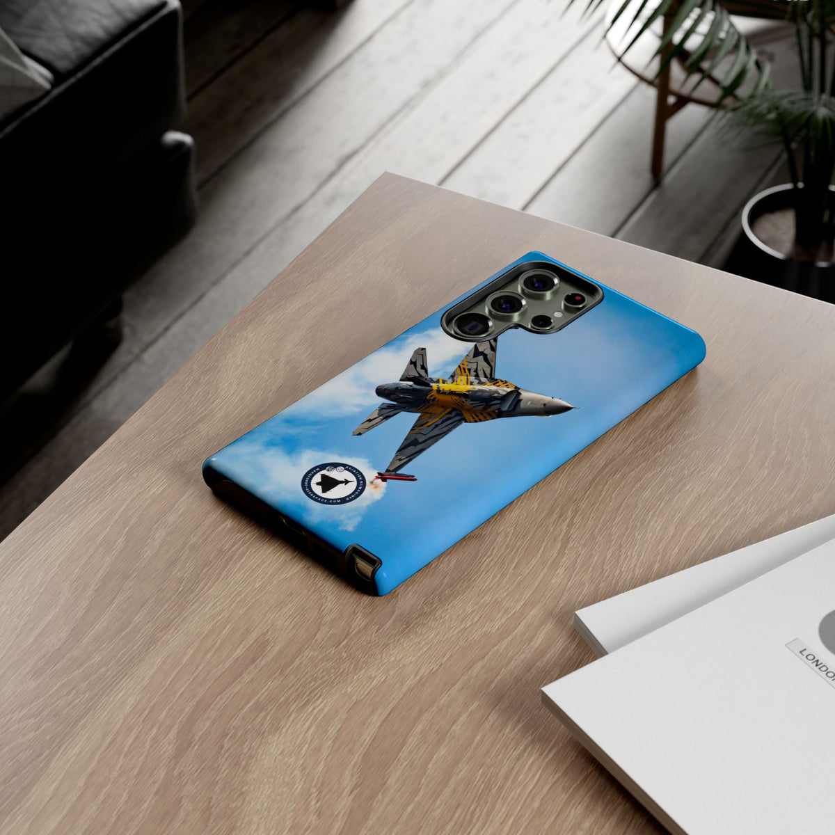 Tiger-striped Belgian F-16 banking hard with smoke aviation photo Samsung Galaxy tough phone case – view 40