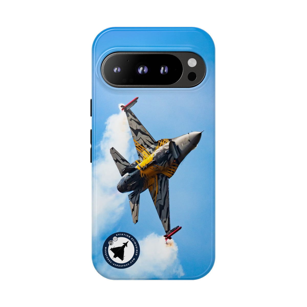 Tiger-striped Belgian F-16 banking hard with smoke aviation photo Google Pixel tough phone case – view 6