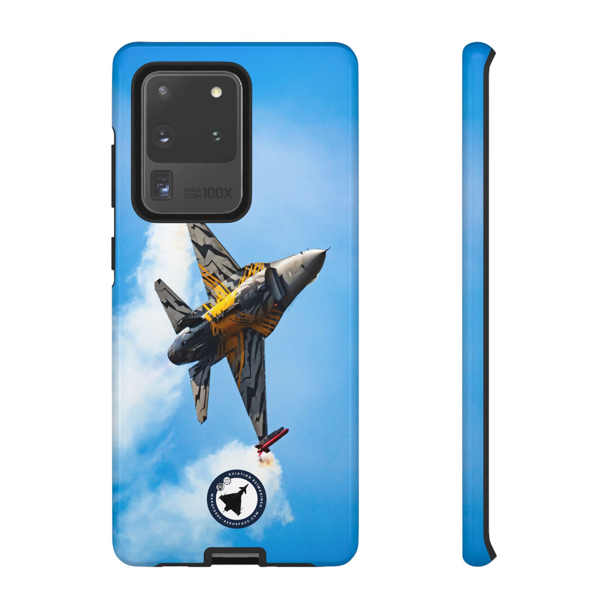 Tiger-striped Belgian F-16 banking hard with smoke aviation photo Samsung Galaxy tough phone case – view 3
