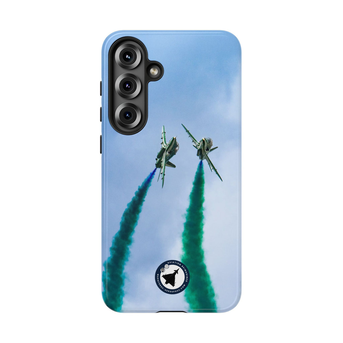 Two Saudi Hawks jets crossing in green smoke aviation photo Samsung Galaxy tough phone case