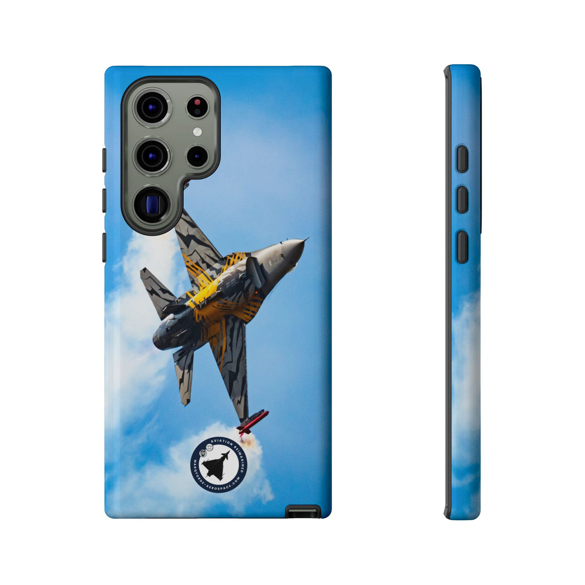 Tiger-striped Belgian F-16 banking hard with smoke aviation photo Samsung Galaxy tough phone case – view 15