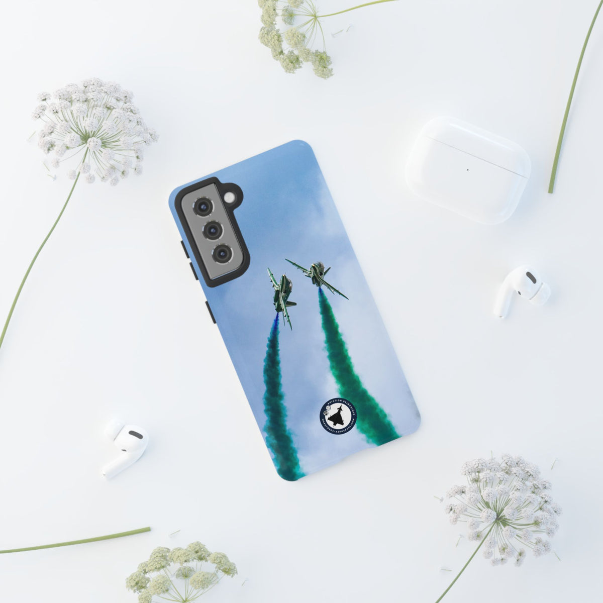 Two Saudi Hawks jets crossing in green smoke aviation photo Samsung Galaxy tough phone case – view 20