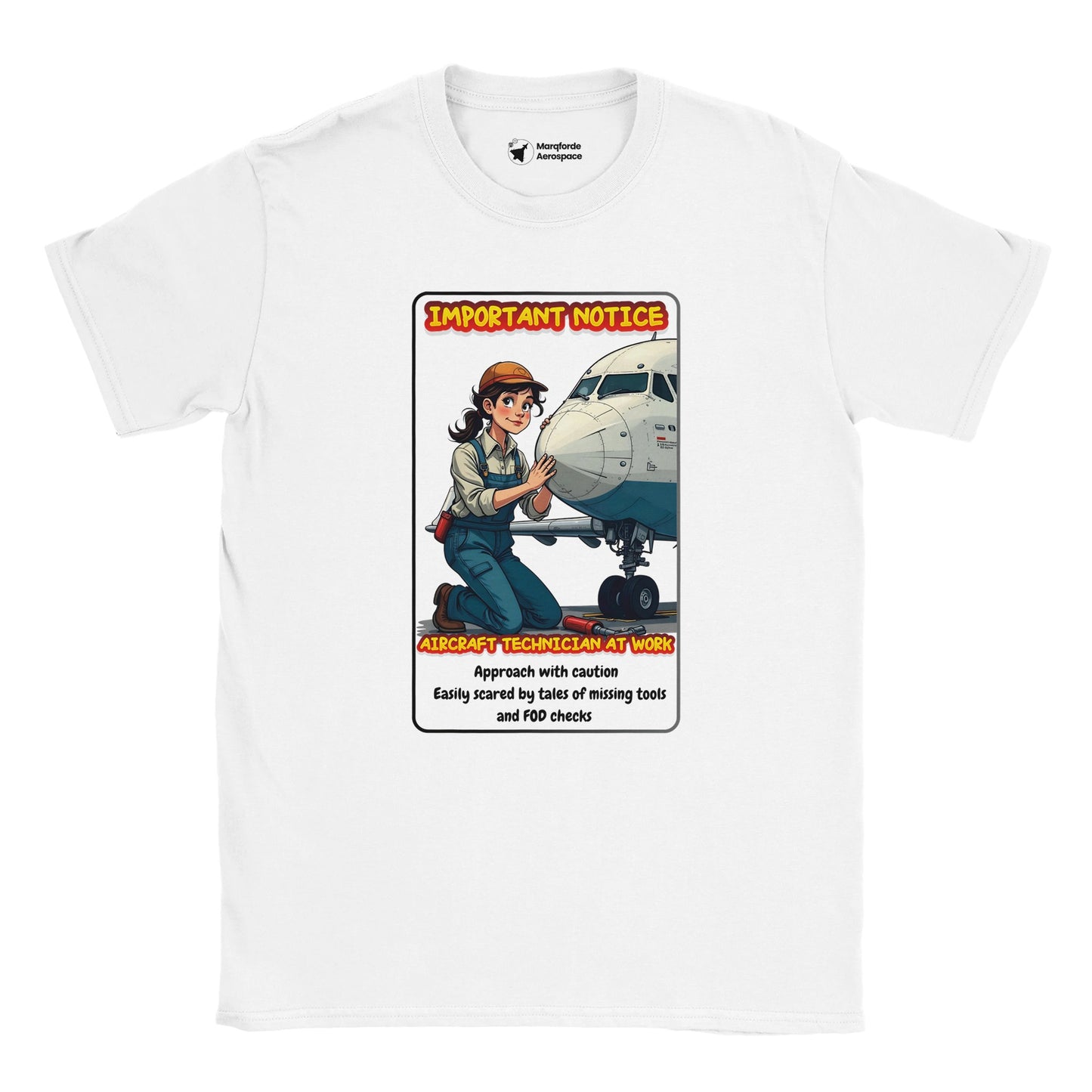 Bold Aircraft Technician at Work Graphic on Aviation-Themed T-Shirt