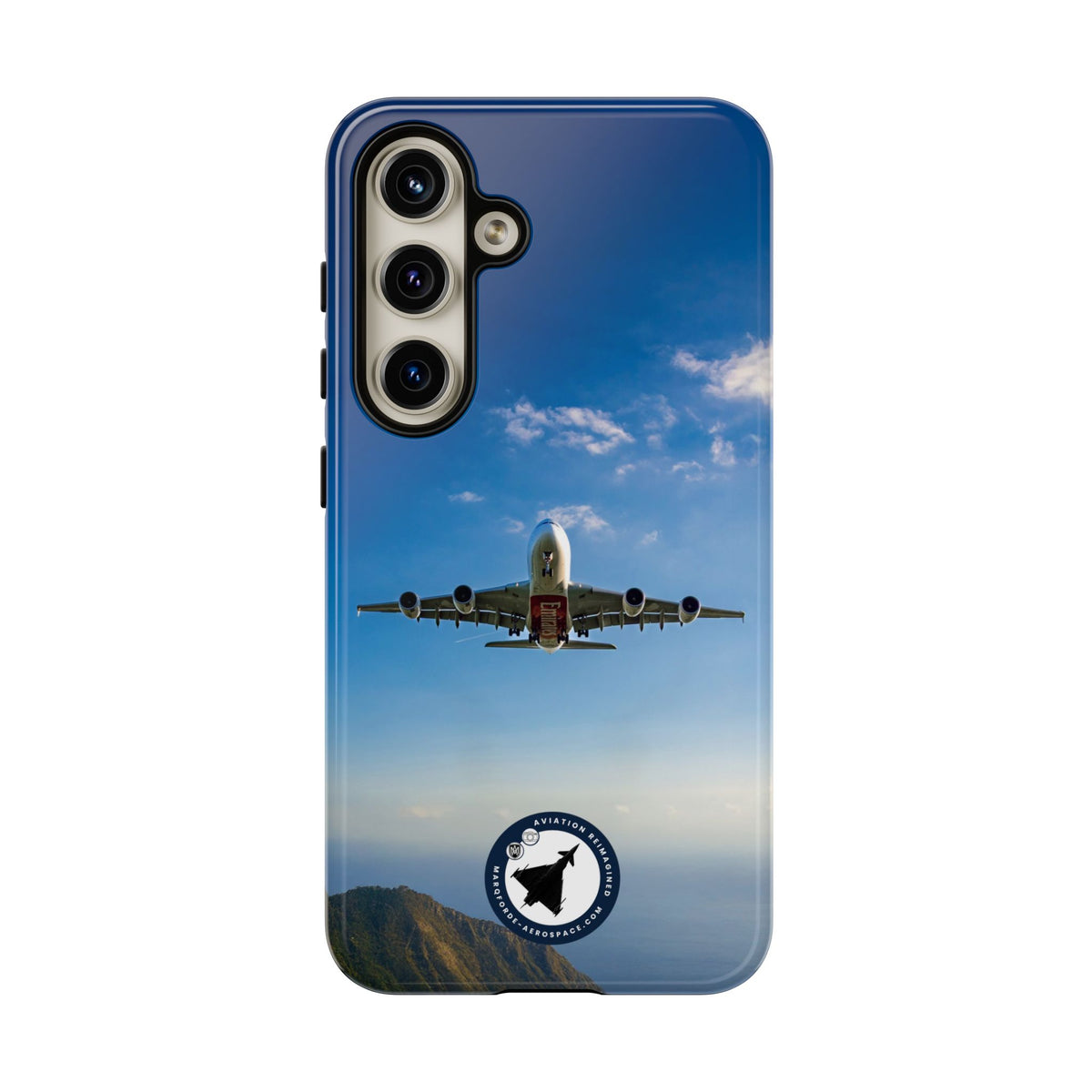 Emirates Airbus A380 climbing head-on over coastline aviation photo Samsung Galaxy tough phone case – view 16