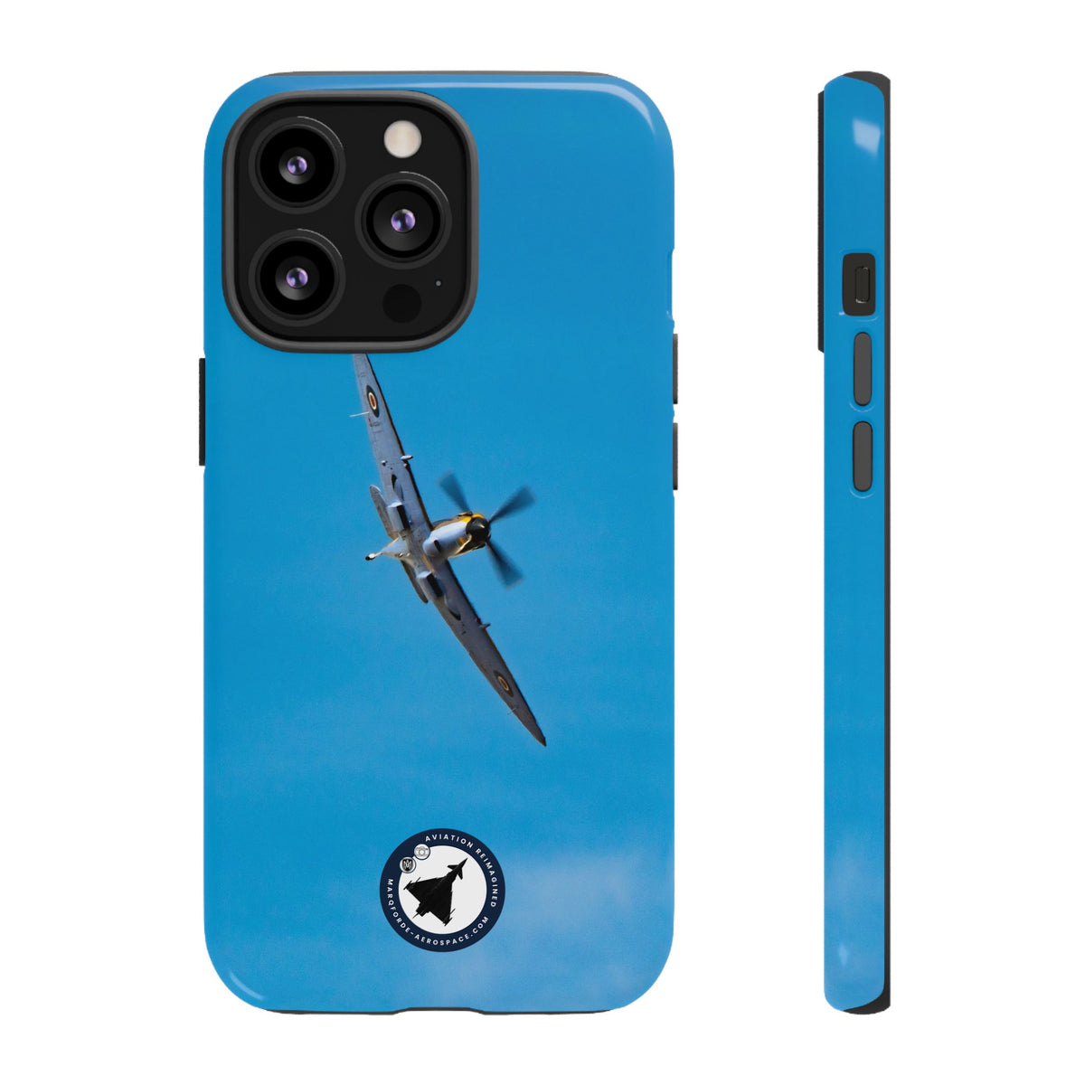 Camouflaged RAF Spitfire banking in a blue sky aviation photo iPhone tough phone case – view 18