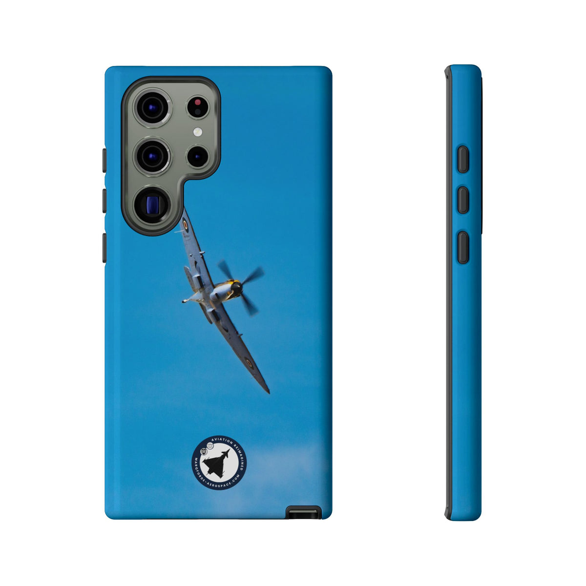 Camouflaged RAF Spitfire banking in a blue sky aviation photo Samsung Galaxy tough phone case – view 10