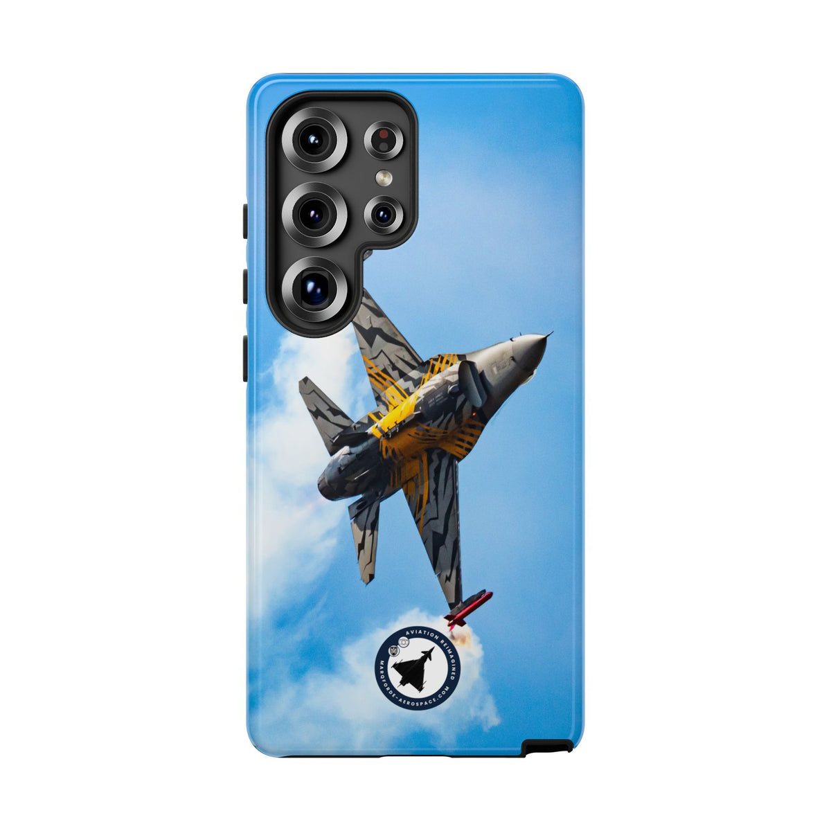 Tiger-striped Belgian F-16 banking hard with smoke aviation photo Samsung Galaxy tough phone case – view 20
