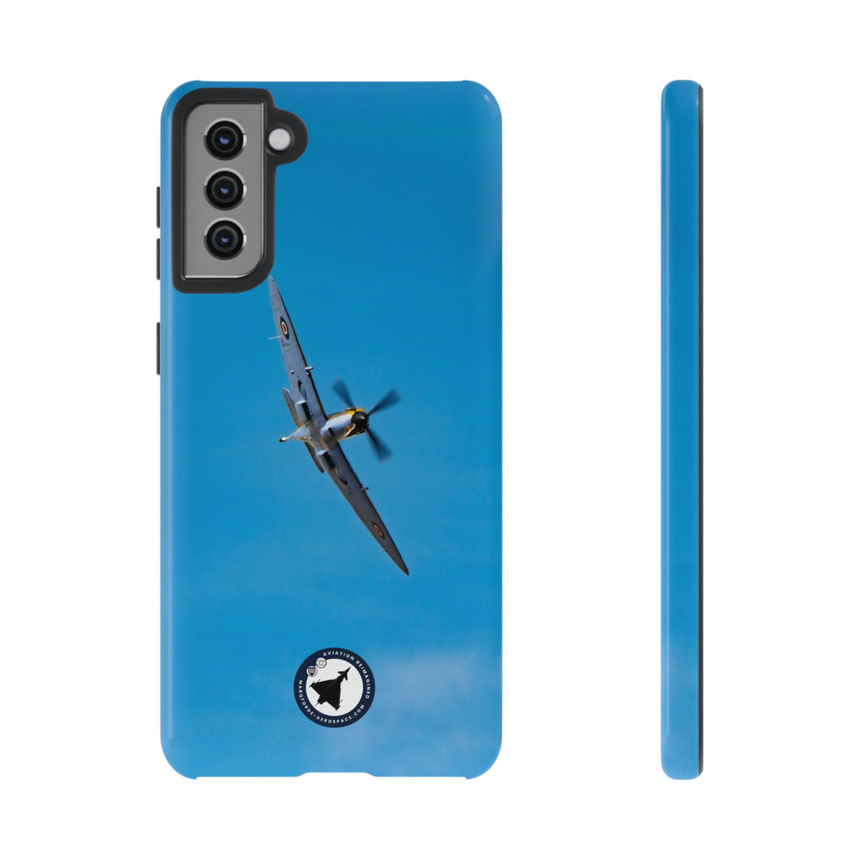 Camouflaged RAF Spitfire banking in a blue sky aviation photo Samsung Galaxy tough phone case – view 3