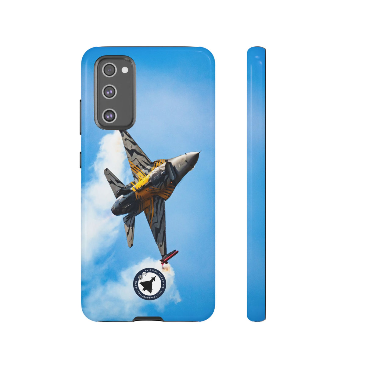 Tiger-striped Belgian F-16 banking hard with smoke aviation photo Samsung Galaxy tough phone case – view 8