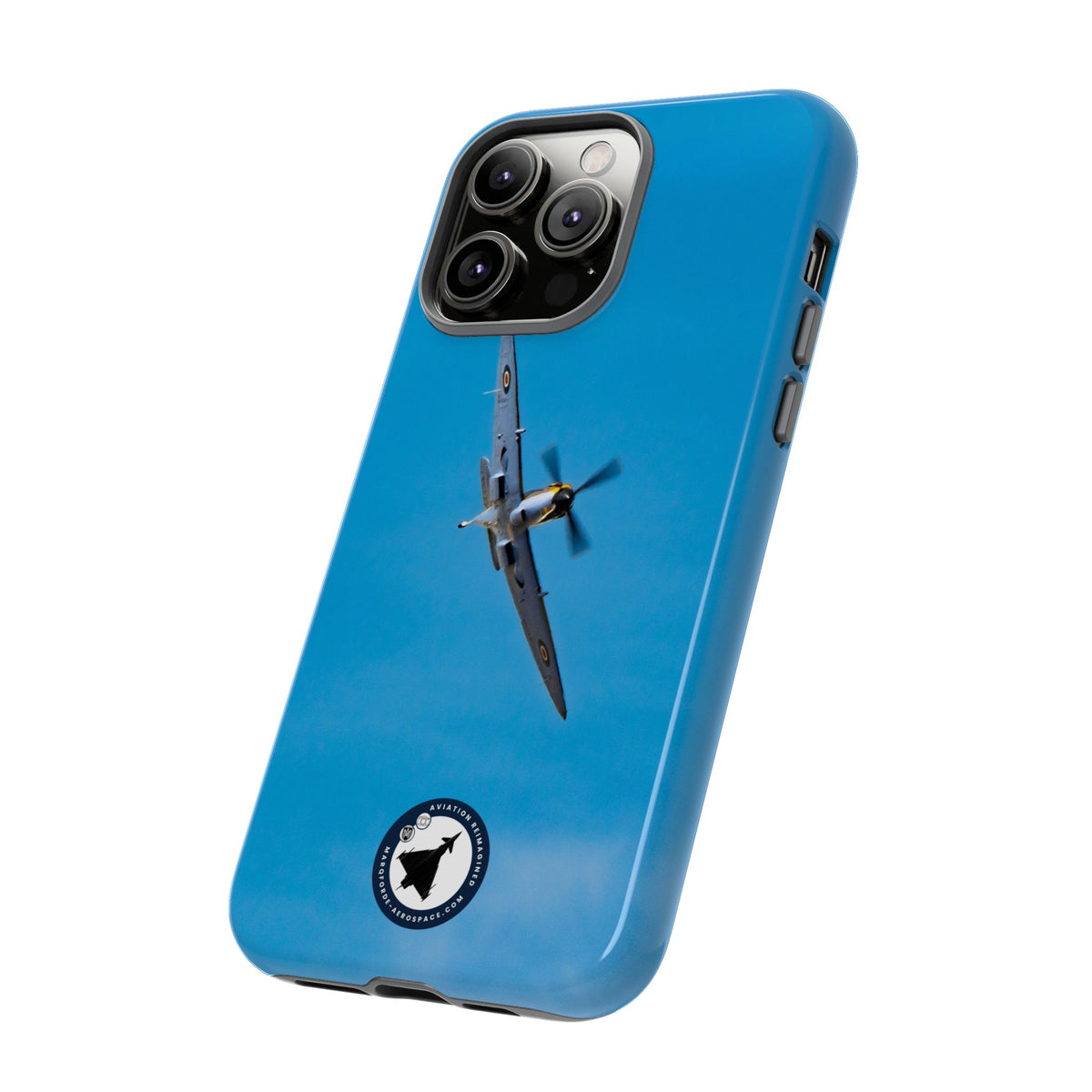 Camouflaged RAF Spitfire banking in a blue sky aviation photo iPhone tough phone case – view 47